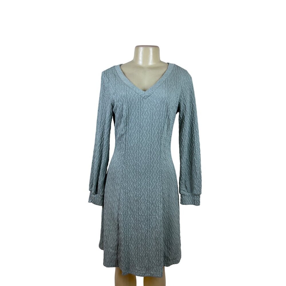 Dokotoo Womens Light Blue Knit Textured Long Sleeve V-Neck Mini Dress Sz M - New